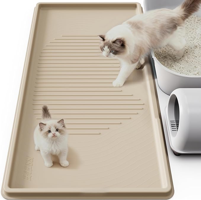 ISSEVE Cat Litter Mat 54" x 27.5" XXL, Extra Large Silicone Mat for Litter Box, 1.38" Raised Edge Waterproof Litter Trapping Mat Pad for Scatter Control, Soft on Kitty Paws, Protect Floor (Beige)