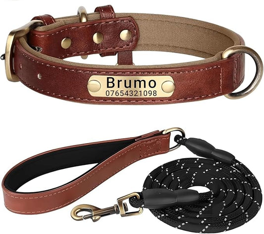 Leather Dog Collar Personalised and Leash Set, Personalized with Soft Padded Design Heavy Duty Featuring Custom Engraved Name Plate for Small Medium and Large Dogs