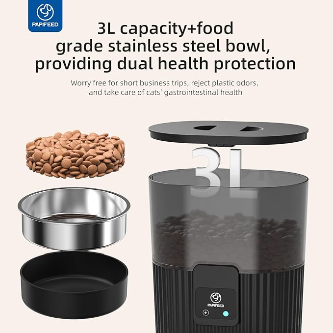 PAPIFEED Automatic Cat Feeder 3.5L/15 Cup 2.4G Bluetooth Pet Feeder for Dog Work with Alexa & Echo Timed Cat Food Dispenser for Remote Feeding with Stainless Steel Bowl up to 10 Meals Per Day with APP