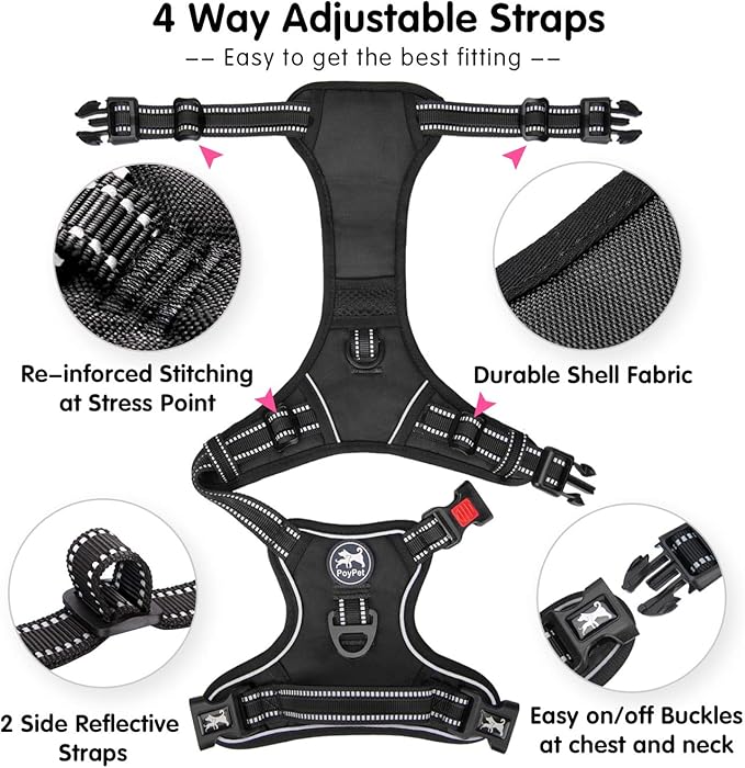 PoyPet Dog Harness No Pull, Reflective Vest Harness with Front & Back 2 Clips and Easy Control Handle for Small Medium Large Breed Dog (Large, Black)
