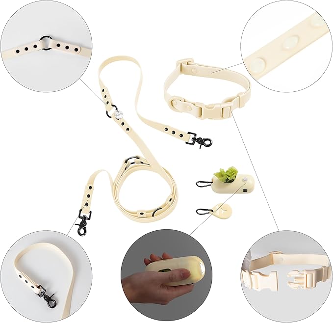 WLK1004L-5SET Luna Small 8FT Adjustable 6-in-1 Waterproof Hands-Free Leash and Collar with LED Flashlight, Bag Dispenser, and Poop Bag Holder, Bailey