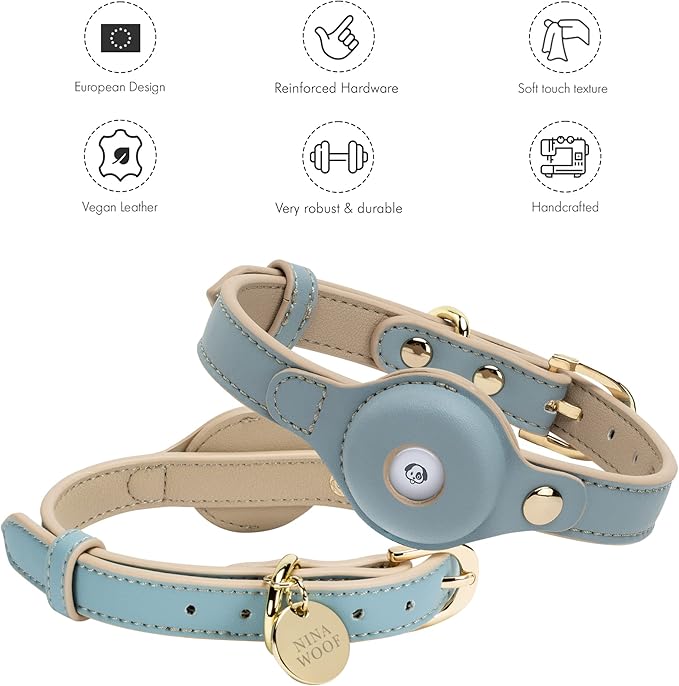 NINA WOOF Cupertino Dog Collars, Harnesses & Leashes Made from Vegan Leather with Dog Tracker Device Holder Adjustable Dog Collar (Extra Small, Blue)
