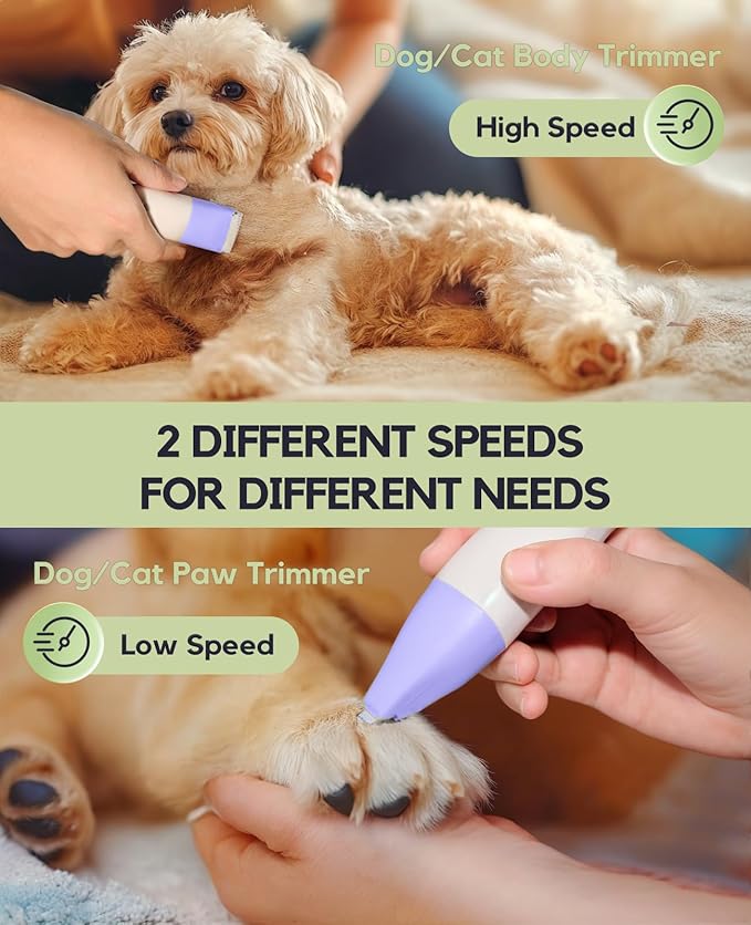 Dog Clippers Grooming Kit, 4 in 1 Quiet Cordless Dog Paw Trimmer & Nail Grinder, Small Cat Clippers Electric Rechargeable Low Noise Pet Shaver for Trimming Hair on Paw Eye Ear Face (Purple)
