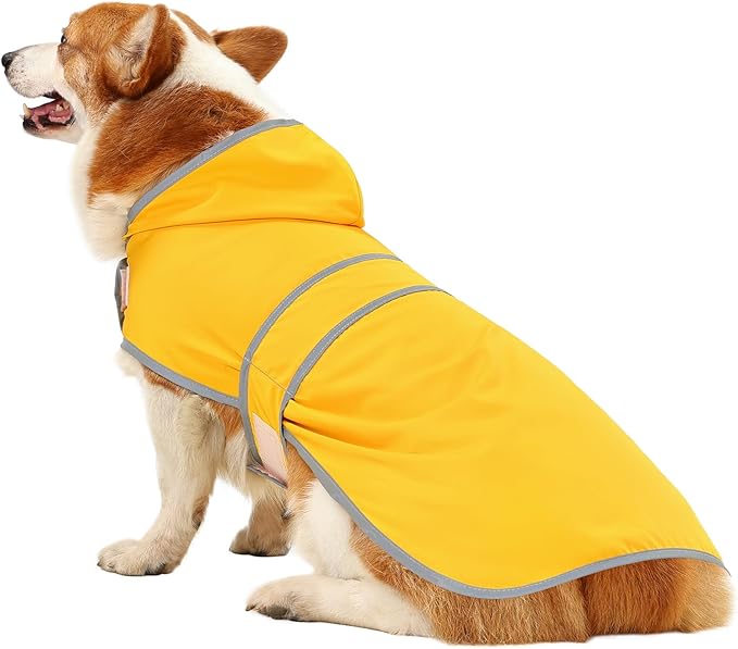 Dog Raincoat for Medium Dogs Waterproof Hooded Rain Jacket with Reflective Strips Leash Hole & Poncho Adjustable Fit (Yellow,L)