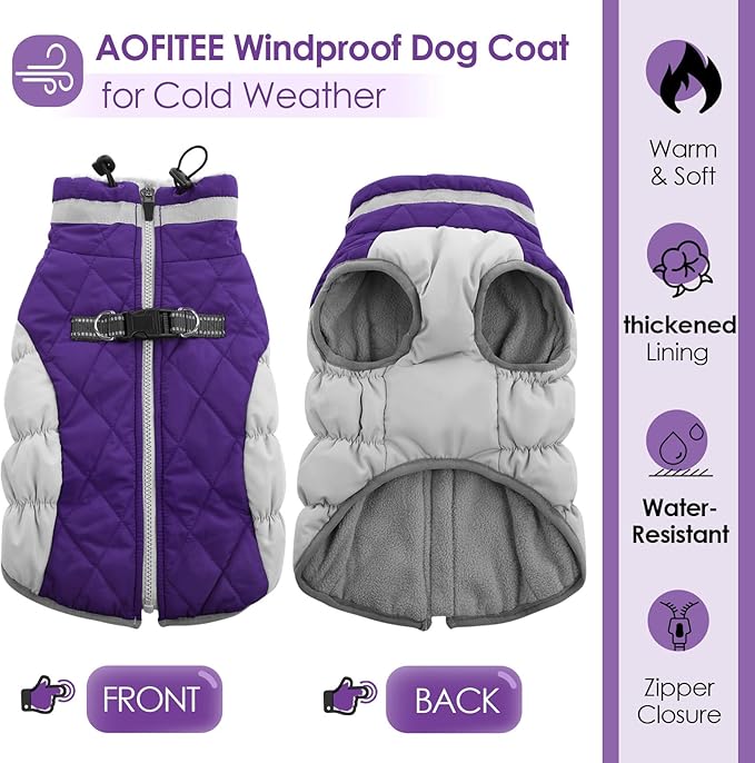 AOFITEE Dog Coat, Warm Dog Jackets for Large Dogs, Reflective Turtleneck Dogs Winter Coat with Harness Built in, Waterproof Windproof Pet Snow Jacket Fleece Vest for Cold Weather, Purple XXL
