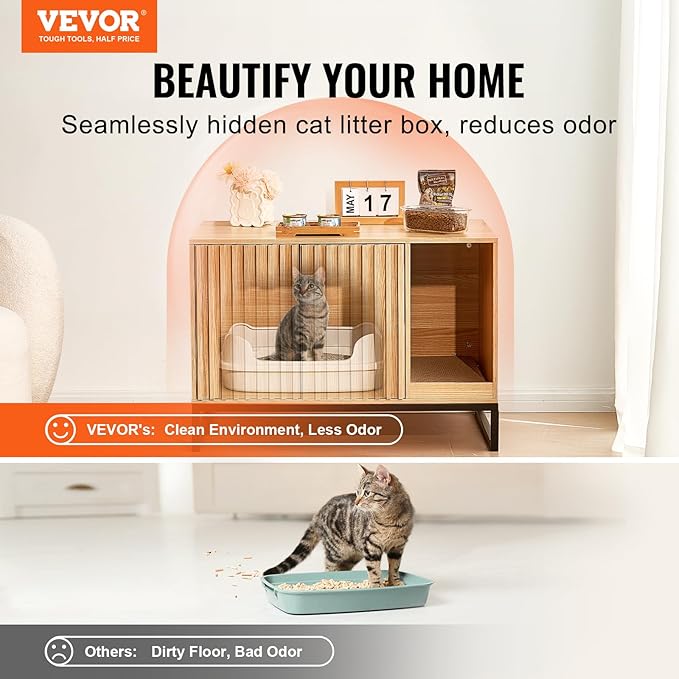 VEVOR Cat Litter Box Enclosure, Hidden Litter Box Furniture, Wooden Cat Washroom Indoor with 2 Doors & Sturdy Metal Legs, Cat House Cabinet Hidden Fit Most Litter Box, 31.5"L x 20"W x 22"H, Brown