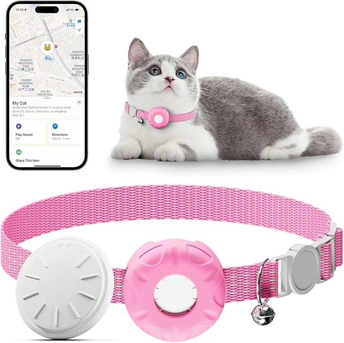 Cat Tracker,Pet Tracker for Cats Compatible with Apple Find My App(Only iOS),Waterproof Tracker Cat Collar with Safety Elastic Buckle,No Monthly Fee,Works with Any Collar (Pink)