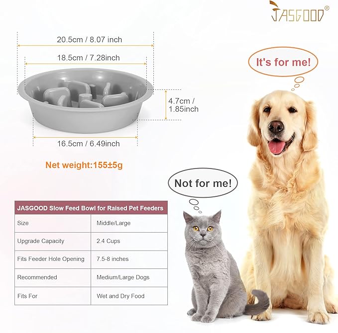 JASGOOD Dog Slow Feeder - Reduce Slip Puzzle Bowl for Raised Pet Feeders - Interactive Bloat Stop Elevated Diners Replacement Bowl (Gray, Fit Opening 7.5"-8")