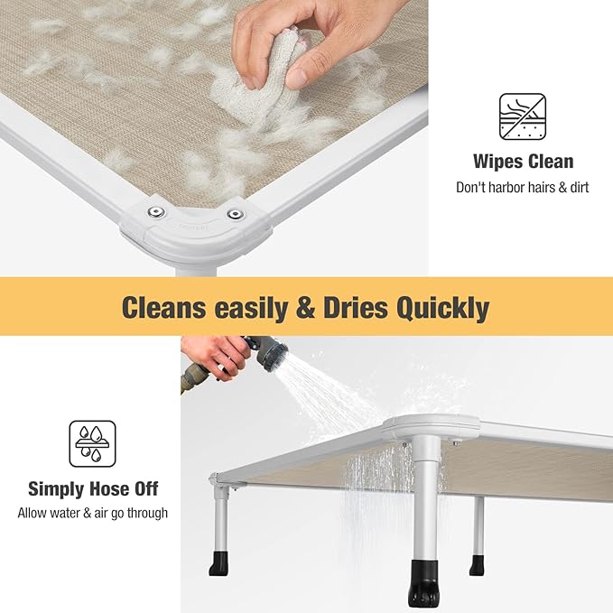 Veehoo Chew Proof Elevated Dog Bed - Cooling Raised Pet Cot - Silver Aluminum Frame and Durable Textilene Mesh Fabric, Unique Designed No-Slip Feet for Indoor or Outdoor Use, Beige Coffee, X Large