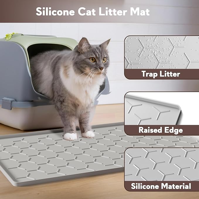 Cat Litter Box Mat, Silicone Kitty Litter Mat, 24" X 16" Waterproof Silicone Pad for Floor, Light Gray