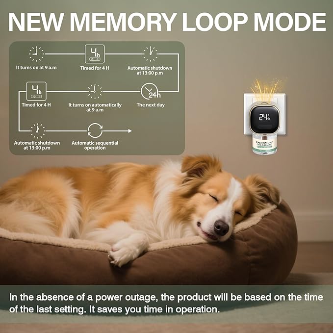 Dog Calming Pheromones Diffuser 6 in 1 Appeasing Relaxing Diffuser with Timing Function Pet Kit (3 Plug in +3 Refill 48ml) for Anxiety Relief Reduce Aggression Barking Fighting Stress (Tasteless)