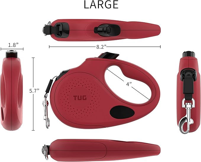 TUG Oval 360° Tangle-Free Retractable Dog Leash with Integrated Waste Bag Dispenser (Large, Red)