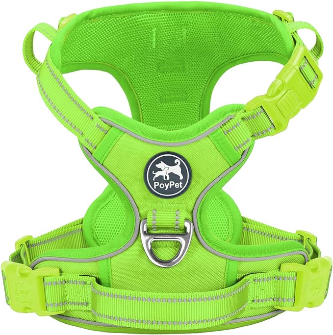 PoyPet No Pull Dog Harness, No Choke Reflective Dog Vest, Adjustable Pet Harnesses with 2 Leash Attachments with Easy Control Padded Handle for Small Medium Large Dogs(Green Matching Trim,M)