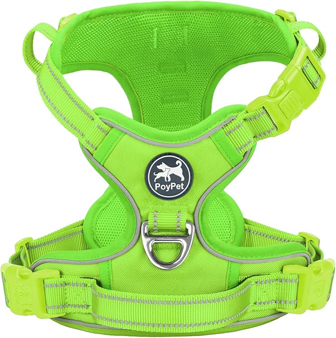 PoyPet No Pull Dog Harness, No Choke Reflective Dog Vest, Adjustable Pet Harnesses with 2 Leash Attachments with Easy Control Padded Handle for Small Medium Large Dogs(Green Matching Trim,M)