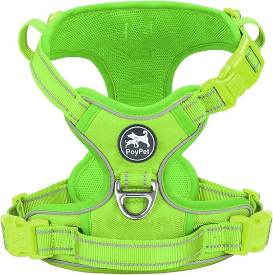 PoyPet No Pull Dog Harness, No Choke Reflective Dog Vest, Adjustable Pet Harnesses with 2 Leash Attachments with Easy Control Padded Handle for Small Medium Large Dogs(Green Matching Trim,M)