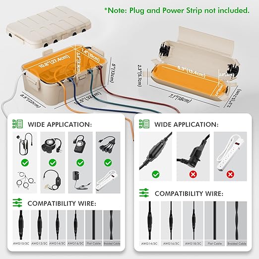RESTMO 5-Piece Outdoor Waterproof Electrical Box Set – 12.5" x 8.5" x 5" Large & 7.1" x 2.3" x 2.3" Small, Weatherproof Boxes for Power Strip, Outlet, Plug, Socket, Timer, Holiday Light, Almond