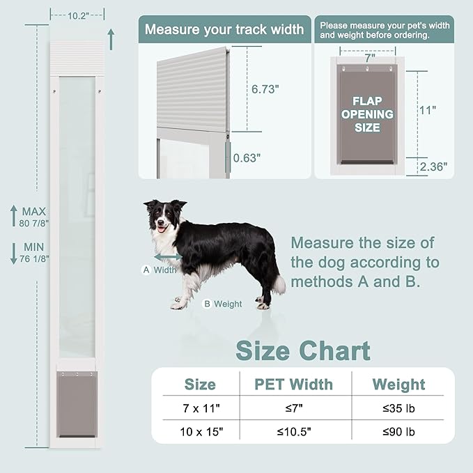 Dog Door for Sliding Glass Doors, Adjustable Height 76 1/8"-80 7/8" Aluminum Frame Tempered Sliding Door Dog Doors Insert with Lock, 7" x 11" Flap Size for Medium Dogs