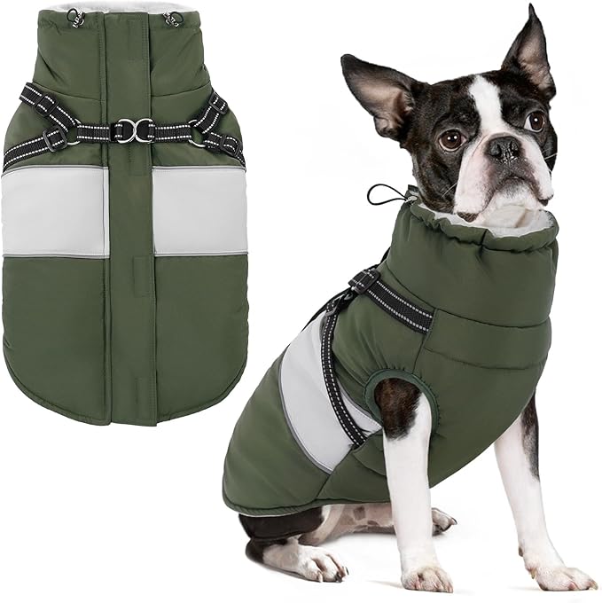 SUNFURA Dog Winter Coat, Waterproof Dog Coat Jacket with Harness for Medium Dogs Boys Girls, Reflective Fleece Lined Pet Snow Jacket Sweaters for Pug, Jack Russel, Boston Terrier, Army Green M