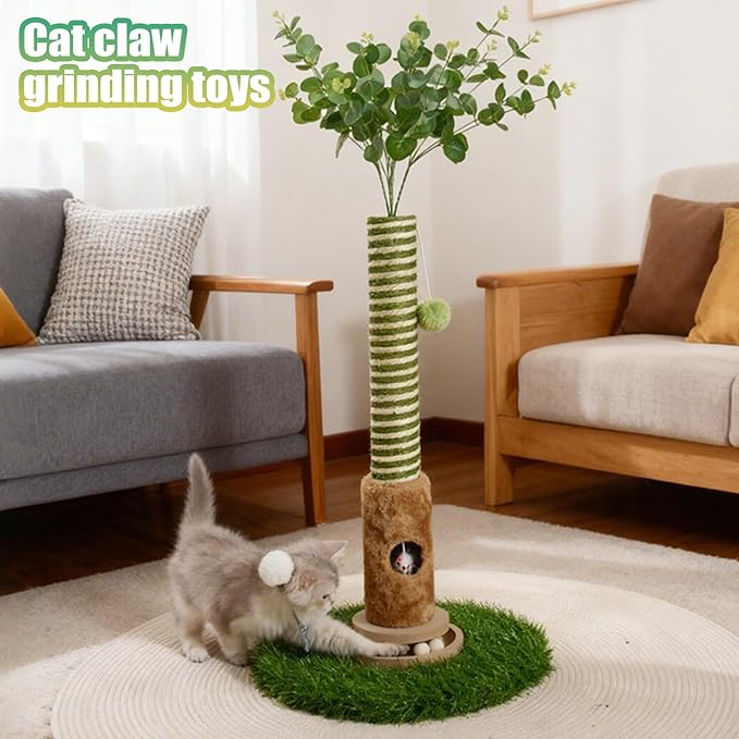 Cat Scratching Post, 35-inch Tall Cat Tree Tower - Premium Sisal Rope with Interactive Track Ball, Hand-Cranked Bell & Realistic Mouse Hole | Perfect for Kittens & Adult Indoor Cats