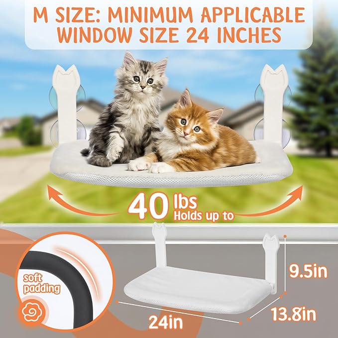 2 Pack Cat Window Perch,Cat Window Hammock Cordless Foldable Window Bed with 4 Large Strong Suction Cup,Reversible Cushion Cover,Metal Frame Easy to Adjust Window Seat Holds up to 40lbs(White，M)
