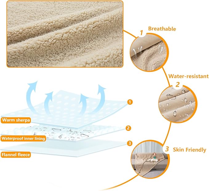 Waterproof Dog Bed Cover Pet Blanket for Big Dogs Reversible Pets Couch Blankets for Puppy Fluffy Cream Sherpa Fleece Sofa Leakproof Covers for Cat Warm Washable-XL 85x57in