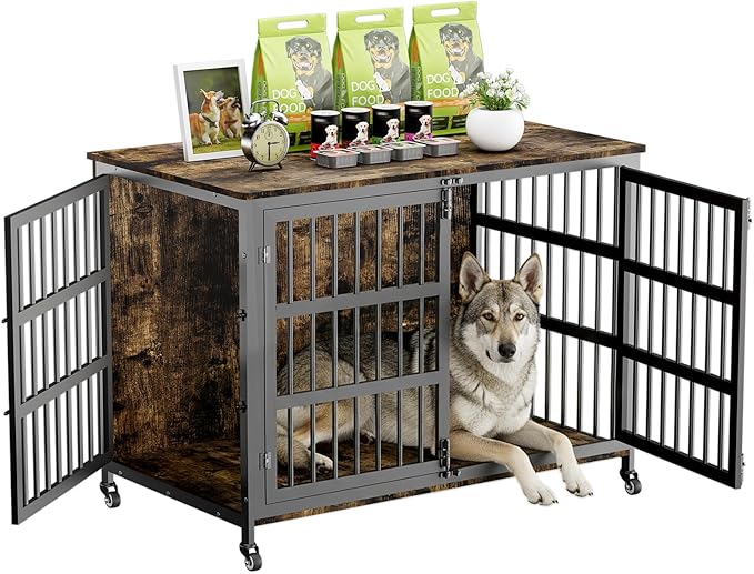 46" Dog Crate Furniture with Wheels, XXL Heavy Duty Dog Kennel Indoor for XL Dogs, Metal Chew-Proof Dog Cage, 45.9" L x 27.6" W x 32.4" H, Decorate House as TV Stand, End Table — Rustic Brown