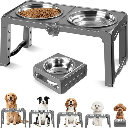 Foldable Elevated Dog Bowl Stand with Dual 7.8" Stainless Steel Bowls, 5 Adjustable Heights (3.9"-13.4"), Anti-Slip Portable Travel Pet Feeder, Fits 5.5"-27" Shoulder Height Dogs, Grey