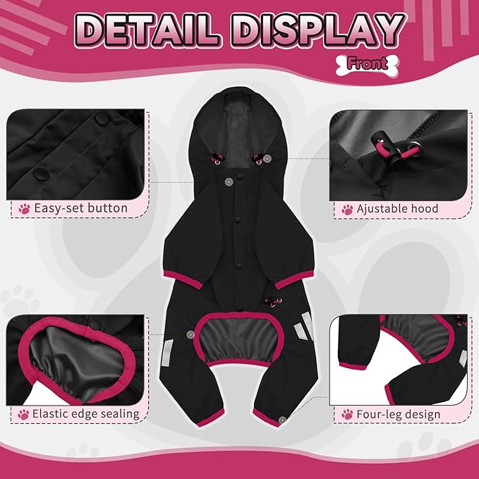 Dog Raincoat, Waterproof Dog Rain Jacket with Hood, Rain Coat with Leash Hole, Reflective Strap for Small Medium Dogs, Lightweight Puppy Clothes(Black,M)