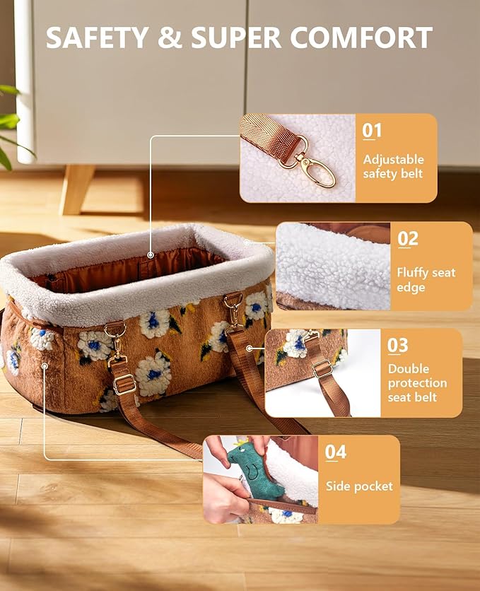 BurgeonNest Dog Carseat for Small Dog, Center Console Pet Booster Seats with Metal Frame, Upgraded Pet Carseat with Double Protection Seat Belts, Washable Cushion, Safety Leash and Storage Pocket