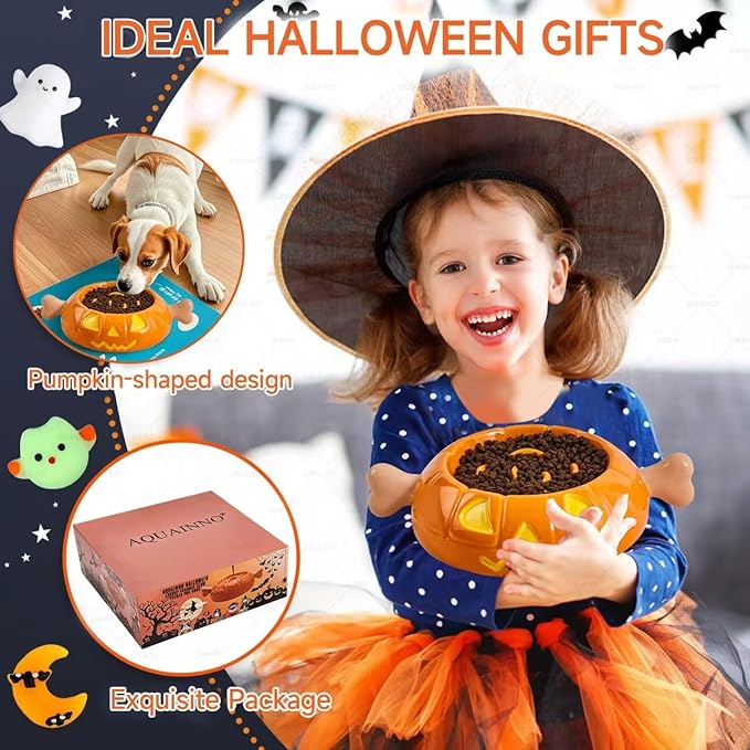 Dog Bowls Slow Feeder Ceramic, Pumpkin-Shaped & The Bone Handle Design,1.5 Cups Small Medium Breed, Slow Feeder for Fast Eater, Dog Dishes to Slow Down Eating, Orange