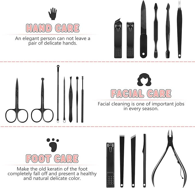 Manicure Set, Jubolion 19pcs Stainless Steel Professional Nail Clippers Pedicure Set with Black Leather Storage Case, Portable Grooming Kit for Travel or Home, Perfect Gifts Women and Men (Black)