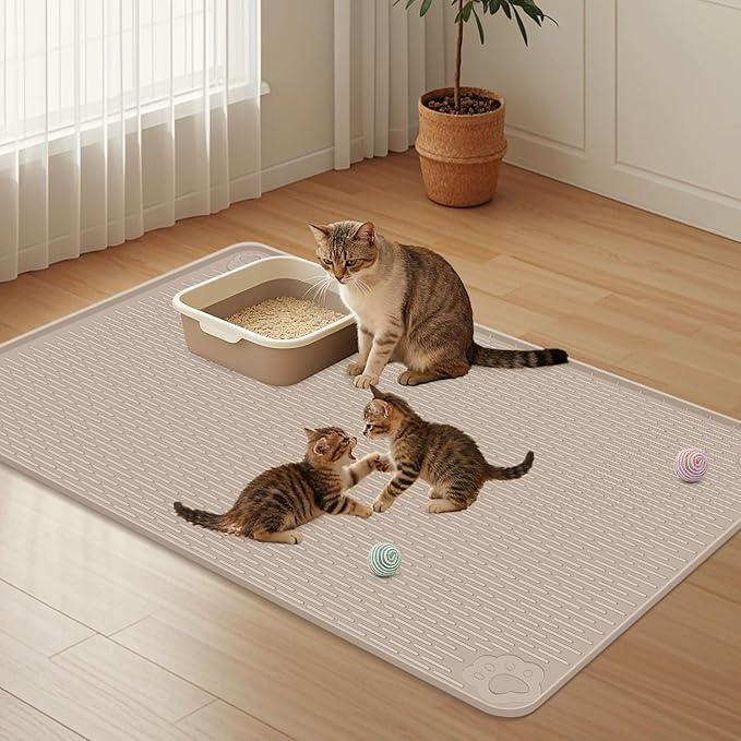 40"x28" Cat Litter Mat Lanstics Cat Mat for Litter Box Large Silicone Litter Box Mat for Kitty Scatter Control Floor Protect (Khaki)