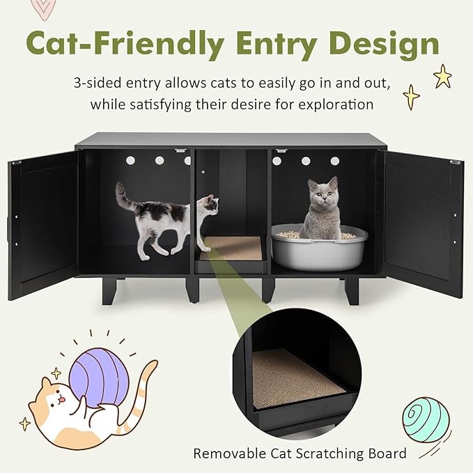 Tangkula Double Cat Litter Box Enclosure for 2 Cats, Large Stackable Hidden Privacy Cat Washroom Cabinet with Scratching Board, Indoor Cat House TV Stand Side Table, Litter Box Furniture (Black)