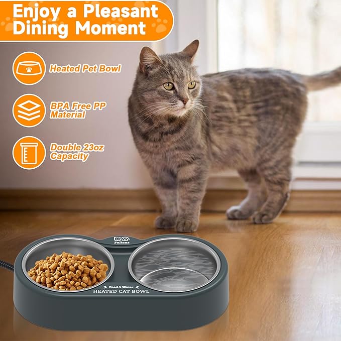 Heated Cat Bowl in Winter, Outdoor Heated Pet Bowl with Double Stainless Steel Bowl 23 OZ, Heated Water Food Bowl for Cat Pet, Thermal Pet Bowl Provide Drinkable Water and Hot Food.