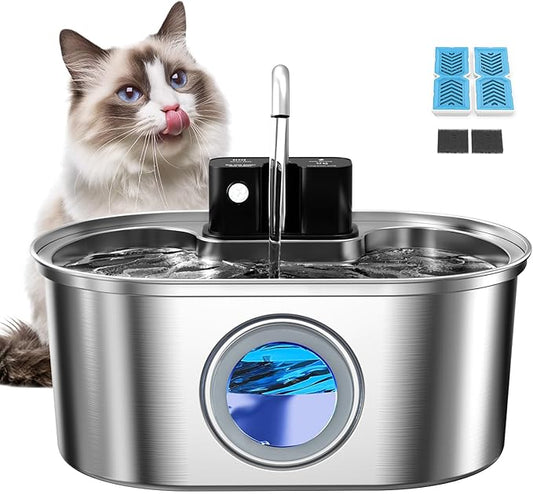 Wireless Cat Water Fountain Stainless Steel:108oz/3.2L Battery Operated Cat Fountains for Drinking Indoor, Automatic Pet Water Dispenser with Motion Sensor,Ultra Quiet Pump,Multi-Filtration(2 Filters)