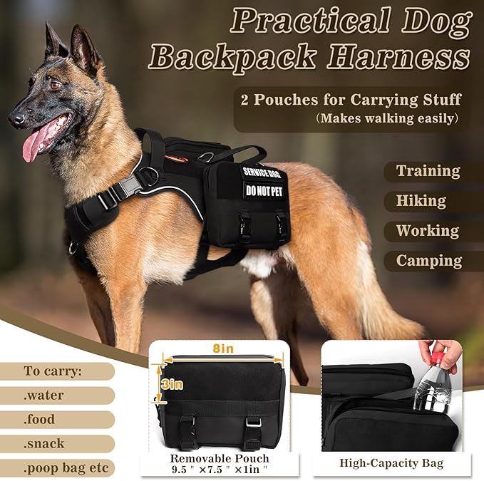 Service Dog Vest with Pockets,Large Dog Harness and Removable Backpack for Training Hiking,Pet Vest with Handle&Molle System for Patches,Black L