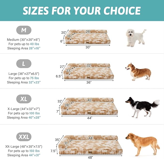 Cute Dog Bed, Faux Rabbit Fur Orthopedic Foam Dog Bed with Sides, Removable Washable Cover & Waterproof Lining, Comfortable Pet Couch for Large Dogs, Tie-Dye Brown (44" L x 32" W x 7" Th)