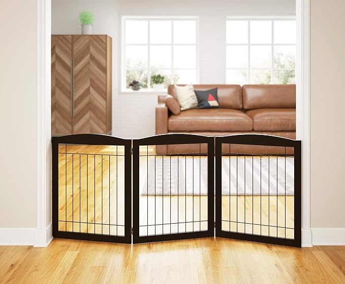 PAWLAND 72” Extra Wide Dog Gate for The House, Doorway, Stairs, Freestanding Foldable Wire Pet Gate, Pet Puppy Safety Fence,30" Height (Espresso, 3 Panels)