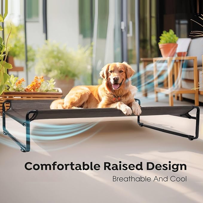 Veehoo Original Outdoor Elevated Dog Bed, Cooling Raised Dog Cot for Medium Dogs, Portable Standing Pet Hammock Platform with Washable Breathable Mesh, No-Slip Feet, Medium, Brown, CWC2201