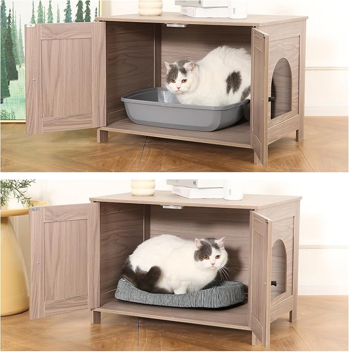 Amazon Basics Cat Litter Box Enclosure Furniture, Wooden Pet House and Hidden Litter Box for Indoor Cats, 27.6" × 19.7" ×19.7", Beige