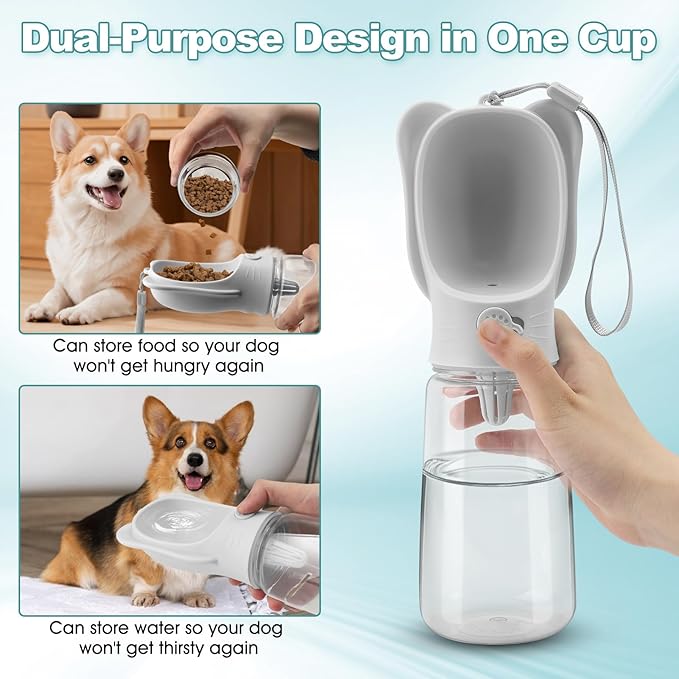 Portable Dogs Water Bottle with Food Storage Container, Leakproof Drinking Water Dispenser Feeder for Outdoor Dog Stuff Accessories Items for Cats, Puppy,for Walking, Hiking (White, 550ml)