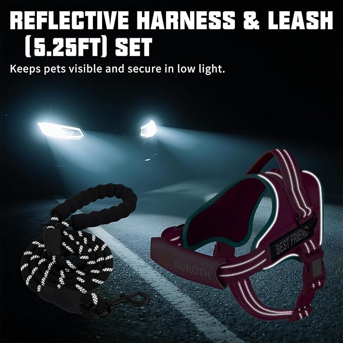 AUROTH Dog Harness and Leash Set, Soft Padded Dog Vest with 5.25FT Dog Leash, No Choke, Easy On Pet Vest, Adjustable Reflective No Pull Dog Harness for Large Dogs, Easy Walking and Training