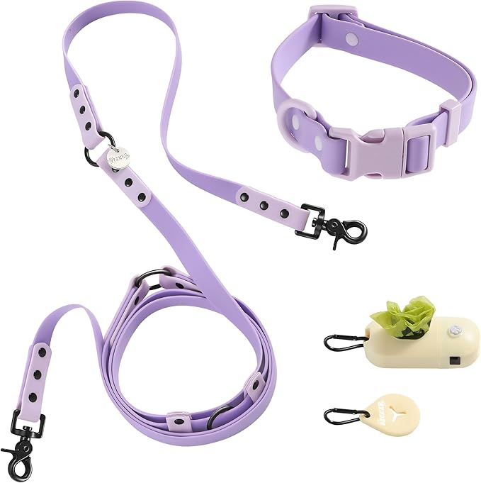 WLK1005H-5SET Luna Medium 8FT Adjustable 6-in-1 Waterproof Hands-Free Leash and Collar with LED Flashlight, Bag Dispenser, and Poop Bag Holder, Bramble