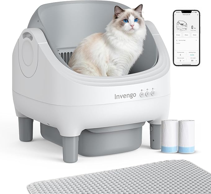 Automatic Cat Litter Box Self Cleaning, App Control, Open-Top Automatic Litter Box with Safety Sensors, Ultra-Quiet, 10L Waste Bin with Odor Control, 2 Rolls of Garbage Bags, LightGrey