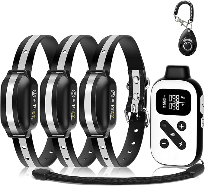 PetJoy 3 Dog Shock Collar for Large Dogs, Automatic Bark Collar with Remote, Bark and Training Collar Combo, Shock Collar with 5 Adjustable Levels of Sensitivity