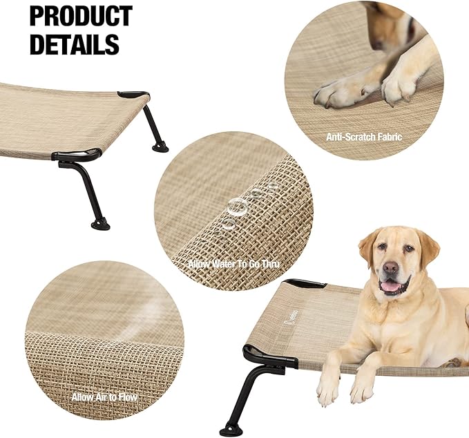 Veehoo Outdoor Elevated Dog Bed, Cooling Raised Dog Cots Beds for Large Dogs, Portable Waterproof Curved Dogs Hammock Bed for Outside, up to 120lbs, Black Legs, Beige 42"