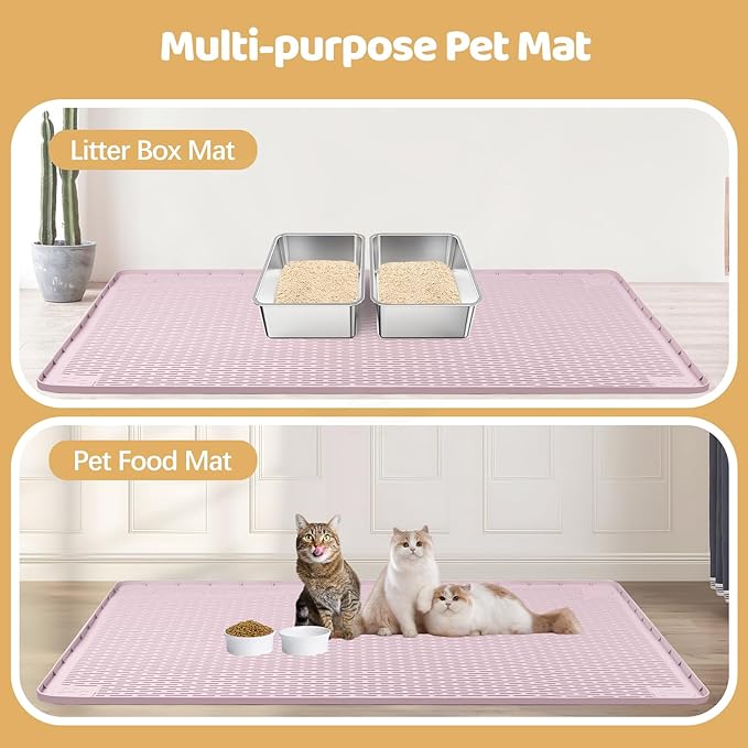 Cat Litter Mat, XXL Extra Large 50" x 35" Silicone Mat Litter Trapping Mat for Scatter Control, Soft on Kitty Paws, Easy to Clean (Pink)