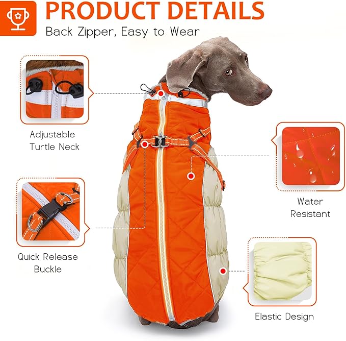 Dog Winter Coat with Harness, Dog Jacket, Pet Clothes with Zipper on Back, Waterproof Windproof Warm Vest, Reflective Cold Weather Coats, for Small Medium Large Dogs, Thick, Orange, S