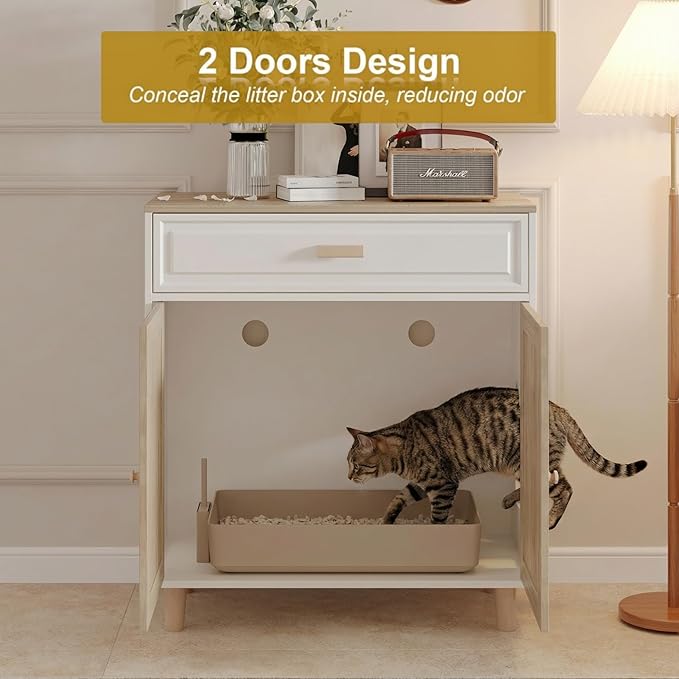 Cat Litter Box Enclosure Furniture Hidden Indoor 2-in-1 Wooden Cat House & Washroom Cabinet with Scratching Board Doors and Drawer, 31.5"x15.7"x34.6"H