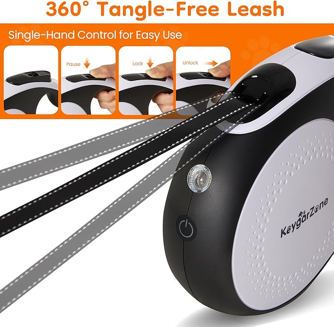 Retractable Dog Leash for Large Dogs with LED Light, 16.4ft Long Pet Leash up to 110lb Pull, 360° Tangle-Free One-Button Control for Small & Large Dogs & Cats, with Charging Cable, White
